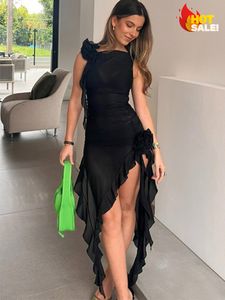 Abiti casual di base Sexy See Through Mesh Ruffles Nappe Fata Donna Fiore senza maniche Elegante Club Party Dress Summer Beach Fessura Vestidos 230601