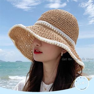 Breda brimhattar Pearl Straw Hat Woman Summer Beach Sun Bucket 2023 Foldbara Girls Kawaii Japanese Ladies T127