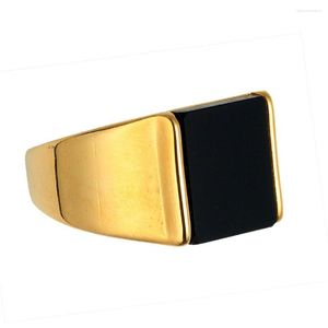 Cluster Rings Fashion Retro Golden Square Black Gemstone Ring Men's Jewelry Titanium Steel