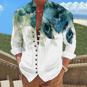 メンズカジュアルシャツ夏の綿模造リネンメンズ長袖ブラウススタンドカラービーチストリートウェアシャツ花柄ハワイ