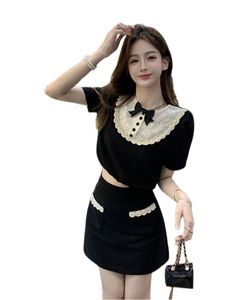 Women's o-neck short sleeve cute lace bow top and a-line skirt twinset 2 pc dress suit SML