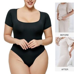 Modeladores femininos Body de tanga de manga curta com decote quadrado camisetas modeladoras modeladoras com controle de barriga macacões esculpidos sem costura espartilho de peça única