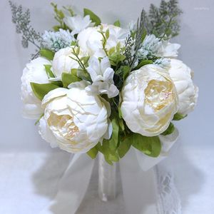 Kwiaty dekoracyjne sztuczny jedwabny piwonii ręcznie robiony bukiet ślubny trzymający kwiat wstążkę ślubną pannęhnik Akcesoria