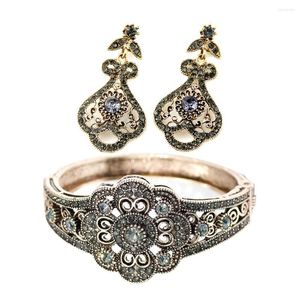 Collana Orecchini Set Sunspicems Vintage Algeria Donna Bangle Orecchino Boemia Retro Colore oro Cristallo grigio Fiore Sposa turca Matrimonio