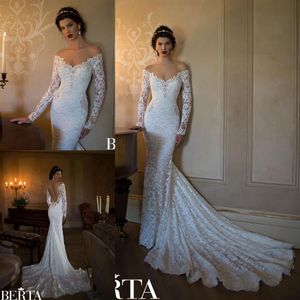 2020 Berta Wedding Dresses Sheer Neck Vintage spets brudklänningar Långa ärmar Sexig trumpet Backless Bride Dress223o