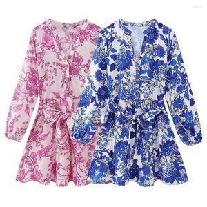 Casual Dresses Women's 2023 Fashion Belt Adornment Girls 'Pure Love Printed Poplin Long Sleeve Vintage Mini Dress Vestidos Mujer