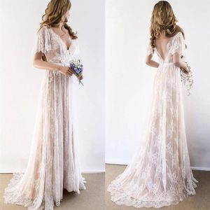 2022 Champagne Country Bohemian Wedding Gown Dresses V Neck Kort ärm spetsar backless brudklänningar plus storlek238Q