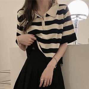 Shirts 2023 New Sweet Polo Shirt Women Short Sleeve Striped Soft Knitted Summer Fashion Casual Slim Preppy Style Crop Tops Blusas