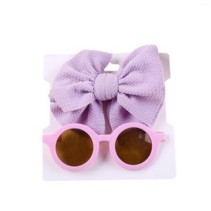 Sunglasses Kids Headband Set Anti-UV Round Dark Glasses Solid Color Bowknot Hair Band For Girls