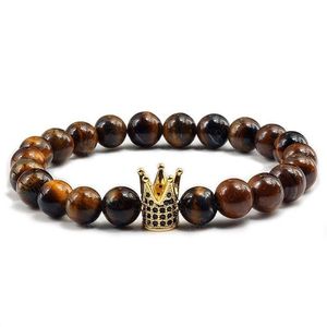 Pulseira de pedra natural fosca com miçangas preto lava fosco fios charme pave cz coroa imperial contas de olho de tigre homens pulseiras bangles wom dheru