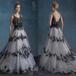 Czarno-białe sukienki ślubne 2020 Vintage Retro Mary's Bridal z V Neck i V Appliques Tiulle A-Line Garden Gothic 229t
