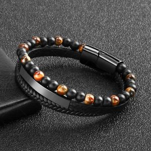 Link Pulseiras Temperamento Olho de Tigre Contas de Pedra Natural Pulseira Couro Corda Trançado Genuíno Multicamadas Couro Masculino Jóias Pretas