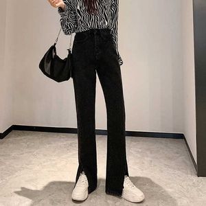 Women's Pants Capris Lucy ever front split leg straight pants black blue high waisted bell bottomed women's street clothing casual jeans P230602