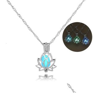Pendant Necklaces Est Pearl Cages Glow In The Dark Lotus Flower Opening Hollow Luminous Locket Necklace For Women S Fashion Jewelry Dhtgk