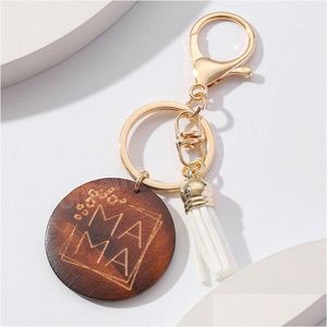 Nyckelringar Lanyards Mothers Day Gift Keychain Wood Round Tag Pendant Mama Letter Tassel Keyring For Mom Purses Bag Car Charms Key H DHPFG