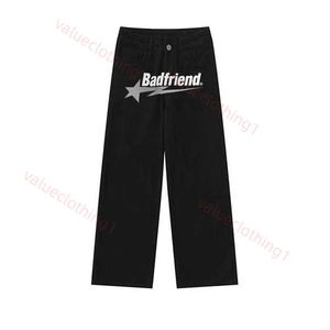 Bad Friend Pants Streetwear Y2k Straight Printed Jeans for Mens Oversized Casual Wide-leg Retro Hip Hop Trousers