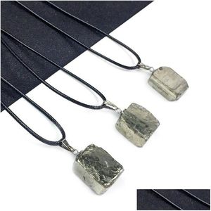 Pendant Necklaces Pendum Healing Mineral Natural Pyrites Necklace Choker Irregar Square Nets Golden Quartz Women Male Drop Delivery Dhnok