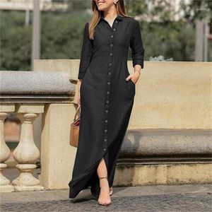 Men's Sweaters Shirt Dresses Turn-Down Collar 3/4 Sleeve Women Dress Two Pockets Single Breasted Denim Maxi Party Vestidos Robe