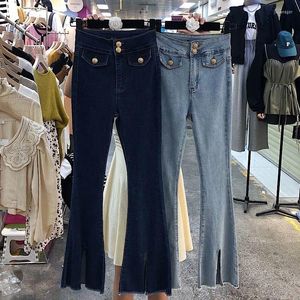 Dżinsowe dżinsy kobiety niebieskie mikro spodnie kobiety letnie retro design wysokie preparowane proste spodnie na szerokopasmowe spodnie panie rozszerzone g68