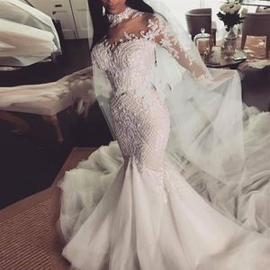 2021 New Sheer High Neck Mermaid Wedding Dresses Modern Lace Appliques Beads Plus Size Long Sleeves Country Garden Bride Robes Wed257u