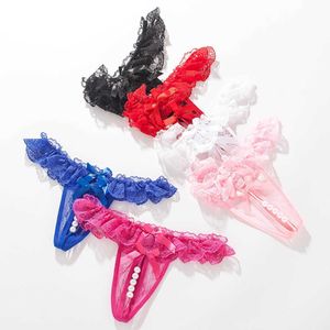 Cueca Calcinha Renda aberta virilha fio dental pérola roupa íntima sexy feminina sexy transparente quente T tangas Cuecas J2305