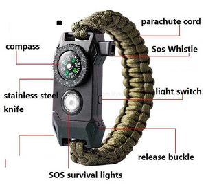 Moda ao ar livre corda de escalada pulseiras de corda de sobrevivência pulseiras paracord com lâmpada led sos bússola de luz esperança pulseiras ferramenta de resgate tático