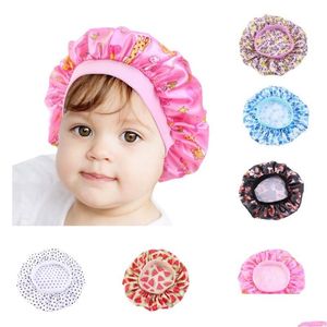 Beanie/Skull Caps Cute Children Pattern Bonnet Night Sleep Cap Kids Satin Widebrimmed Elastic Turban Chemo Hat Girl Boy Hair Care Ac Dh7Xc