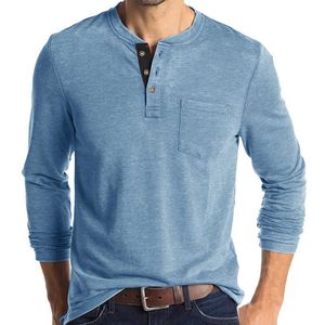 Camisa Henley Masculina Personalizada de Cor Sólida Manga Longa Botões Roupas Vestuário Camisetas de Designer de Moda com Bolso YPMG