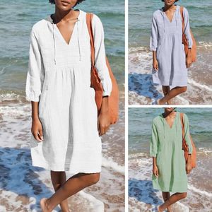 Casual Dresses Women Dress Solid V-Neck Loose DrawString Kne Length Dress Up Three Quarter Sleeve Quick Dry Summer Midi Female Clothes