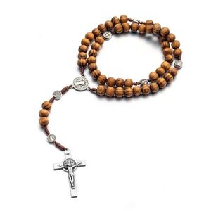 Pendant Necklaces Religion Male Long Wooden Rosary Beads Cross Christ Jesus Necklace 10Mm Wood Pendants Jewelry For Women Men Drop De Dhcy0