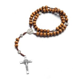 Colares com Pingente Religião Masculino Longo Rosário De Madeira Colar Cruz Cristo Jesus 10Mm Pingentes De Madeira Jóias Para Mulheres Homens Drop De Dhcy0