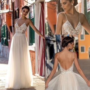 2020 NOWOŚĆ GALI KARTEN LACE PLAVE SUKIENKI WEDLIWACJI PAGHETTI STROSAKI ZKAWNE SOIE DE SOIRE Backless Long Boho Wedding Brdial Solens243z