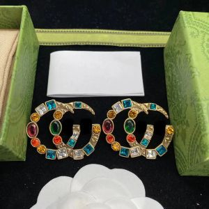 2023 Designer Luxury Letters Brand Ggities Studörhängen Retro Vintage Copper Colorful Crystal Stone Ear Rings smycken för Women Party with Box