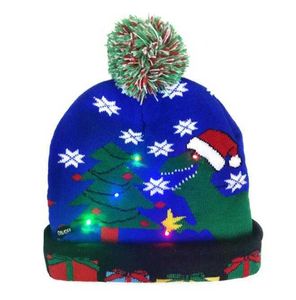 2022 novos gorros de papai noel led brilhante presente de natal light-up sweater chapéu de malha com luzes led chapéus de pompom de natal para adultos crianças decoração alkingline