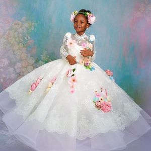 2023 Koronkowe białe sukienki z kwiatami sukienki balowe koronkowe długie rękawy vintage mała dziewczynka Peageant sukienki ZJ422