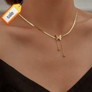 Light Luxury Stainless Steel Real Gold Frosted Butterfly Pendant Necklace Tassel Snake Bone Chain Clavicle Necklace