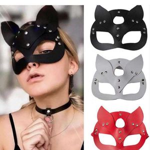 Máscaras para dormir PU Máscara de cuero Medio ojos Cosplay Cara Gato Arnés de cuero Máscara Cosplay Máscara Mujer Cuero Divertido Gato Máscara Fiesta negra Halloween J230602