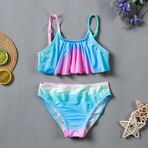 5-14 Kız '2021 Yeni İki Parçalı Gökkuşağı Bikini Set Çocuk Mayo P230602