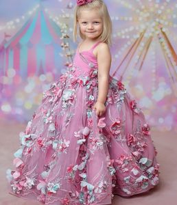 Pink Lace Flower Dresses Ball Gown Tulle Spaghetti Hand Made Flowers Vintage Little Girl Peageant Dress Gowns Zj414 407