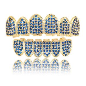 Grillz Dental Grills Blue Zircon Microinlaid Guldstöd Hip Hop Grillz Ny Hiphop Miljöskydd Kopparplätering Verklig DRO DH3IK