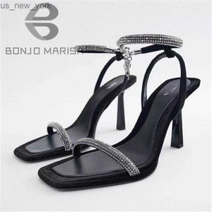 Summer Sparkly Sandals For Women Rhinestone Bling Ankle Strap Heels Chunky Thin Heel Sqaure Toe Sexy Brand Shoes 2023 Spring L230518