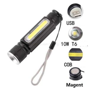 Mini LED El Feneri T6 Taktik El Fenerleri Yan Cob Light Güçlü Kamp Torç Lambası USB 18650 Pil ile Şarj Edilebilir El Feneri