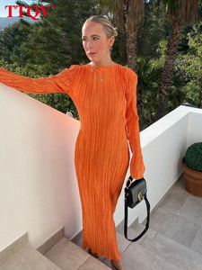 Elbise ttqv moda turuncu kadın elbise 2022 bodycon oneck uzun kollu maxi elbise bayanlar zarif ince klasik pilili parti elbiseleri