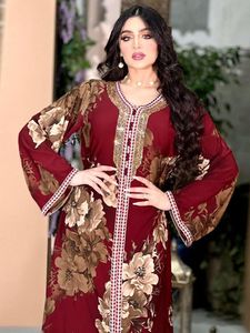 Klänningar abaya kvinnor blommor tryck strass band trim knapp kaftan casual lös festklänningar galabia ramadan 2022 maxi kläder