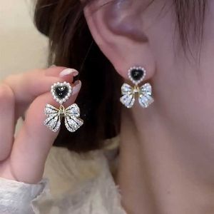 Charm New Exquisite Heart Bow Zircon Pearl for Women Luxury Sparkling Crystal Rhinestone Tassel Earrings Fashion Jewelry Gifts G230602