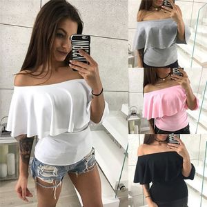 T-Shirt Feminina Summer Ruffle Shirts Off Shoulder One Collar Blusa Feminina Sexy Tops Moda Tops Feminino T-shirts Moda Slim Camisa de Cor Sólida 230603