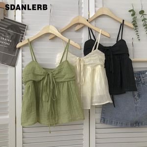 CAMIS 2022 Summer New Corean Style Sweet Crop Tops Allmatch Tie Tie Tie Leackess Short Mesh Outter Wear Spaghettistrap Camisole Top