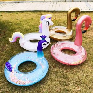 Novo anel de natação inflável de flamingo de lantejoulas para esportes aquáticos de bebê adulto em pvc jangada brinquedo de piscina flutuante para diversão