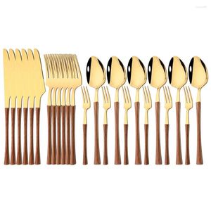 Dinnerware Sets 24Pcs Western Set Wood Handle Stainless Steel Flatware Dinner Table Knife Fork Spoon Cake Tableware Cutlery