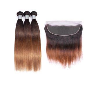 Yirubeauty Malaysian Human Hair1B/4/30バンドル13x4レースの正面絹のストレート4pcs 3トーンカラー10-30インチ